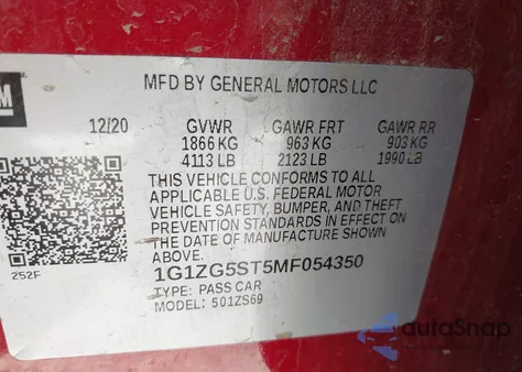 2021 Chevrolet Malibu Fwd Rs z USA, uszkodzony, nr VIN 1G1ZG5ST5MF054350